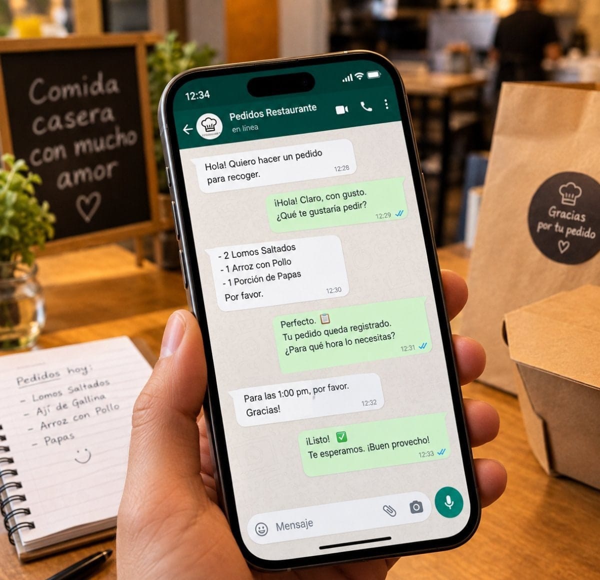 Cliente haciendo un pedido por WhatsApp desde el celular en un local de comida