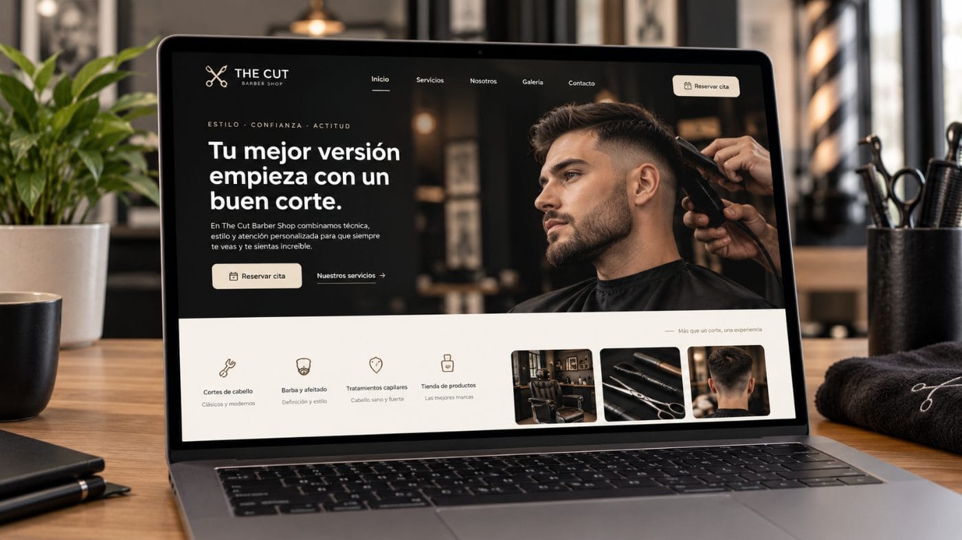 Sitio web de una barbería mostrado en una laptop